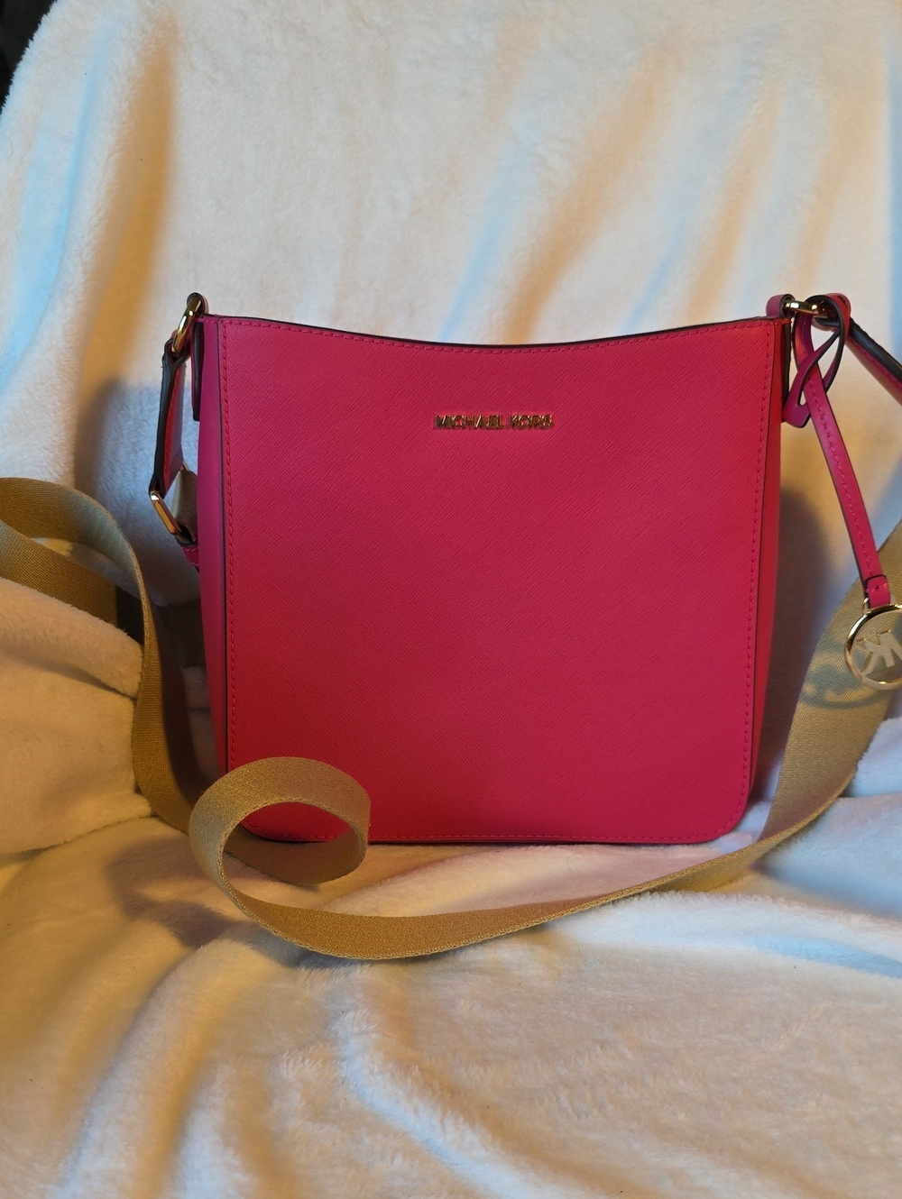Michael Kors Jet Set Hot Pink Crossbody with Tan Strap